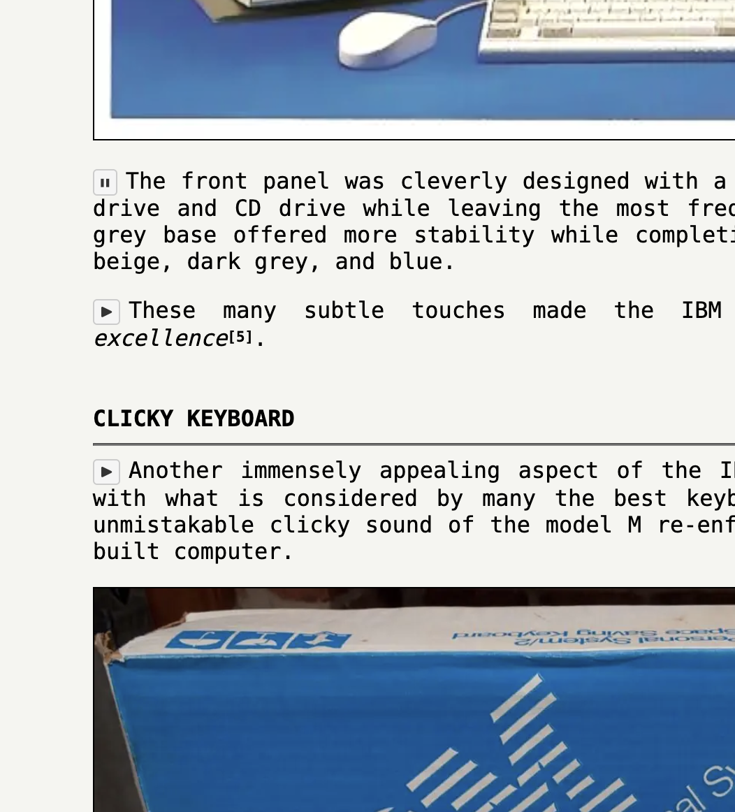 Listen buttons injected at the start of each paragraph of the page